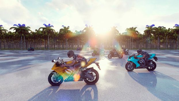 Motorcycles go forward at high speed on a sunny day.