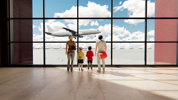 Happy family in airport near window looking on airplanes and waiting for time of flight at sunrise