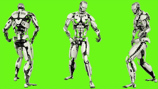 Robot android is playing guitar. Illustration on green screen background.