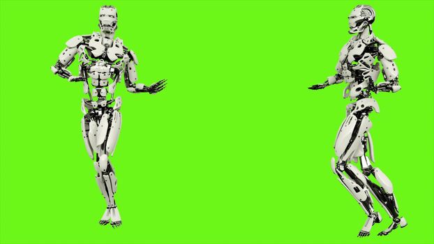 Robot android with a graceful gait. Illustration on green screen background.