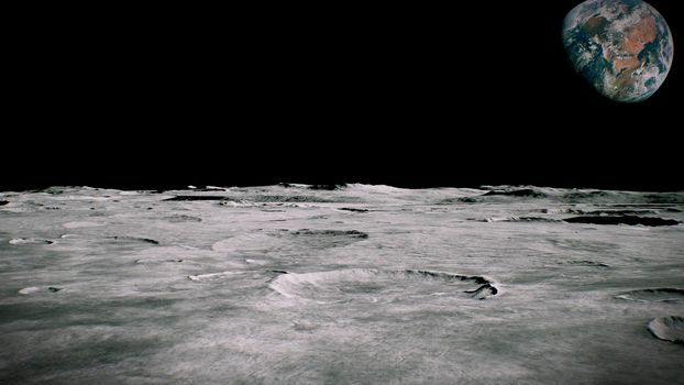 Surface of the Moon landscape. Flying over the Moon surface. Close up view.
