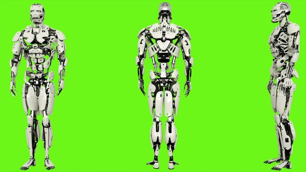 Robot android is entering code. Illustration on green screen background.