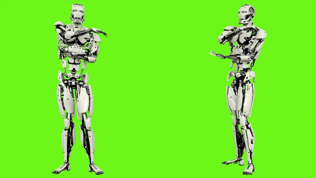 Robot android is arm stretching. Illustration on green screen background.