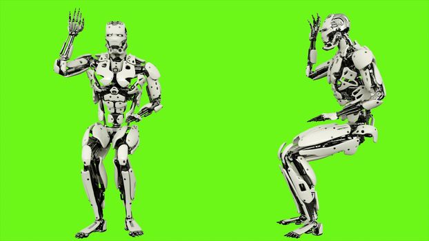 Robot android is asking question. Illustration on green screen background.