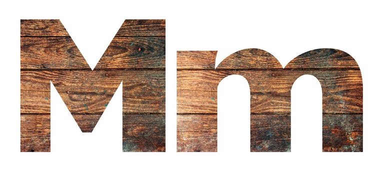 Wooden letters. Letter M. English alphabet isolated on white background. With clipping path