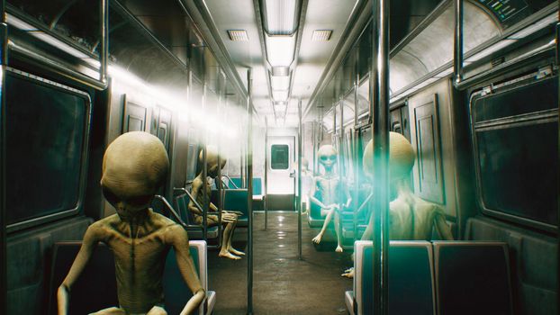 Alien go to work in the train. Abstract cosmic fantasy.