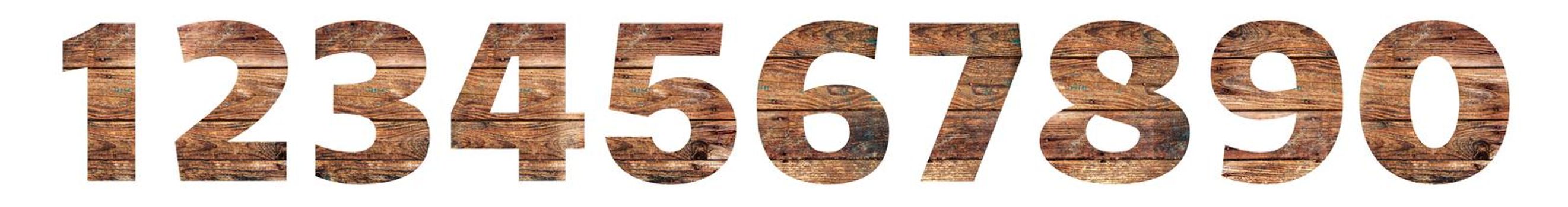 Old Wooden numbers. 1 2 3 4 5 6 7 8 9 0. Isolated on white background. With clipping path