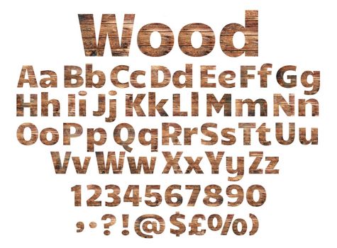 Old wooden alphabet, letters, and numbers set, isolated over the white background