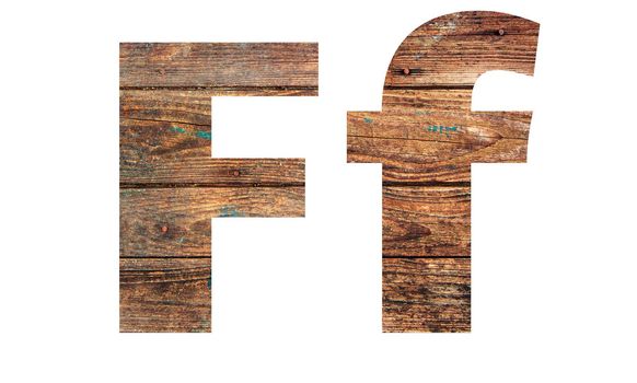 Wooden letters. Letter F. English alphabet isolated on white background. With clipping path