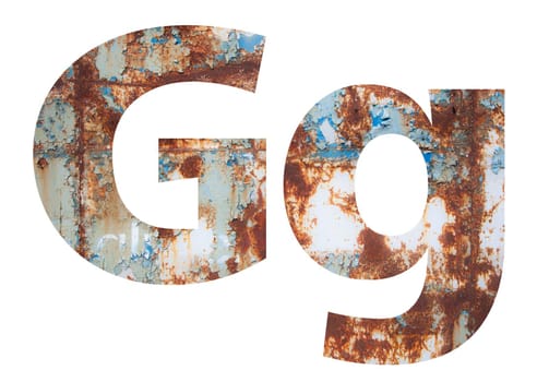 Rusty metal letter G. Old metal alphabet isolated on white background. With clipping path