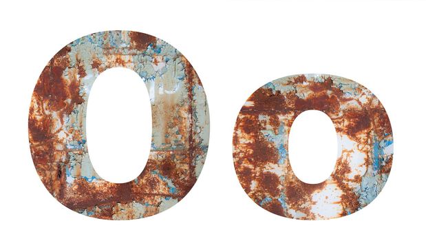 Rusty metal letter O. Old metal alphabet isolated on white background. With clipping path