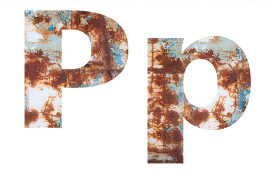 Rusty metal letter P. Old metal alphabet isolated on white background. With clipping path