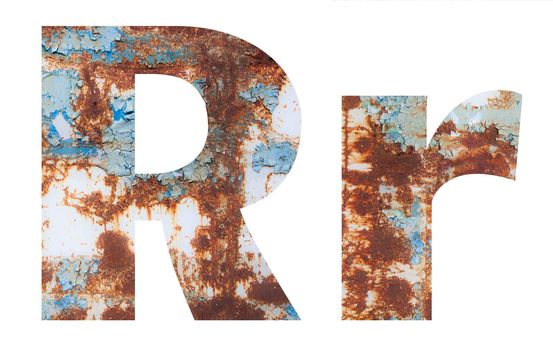 Rusty metal letter R. Old metal alphabet isolated on white background. With clipping path