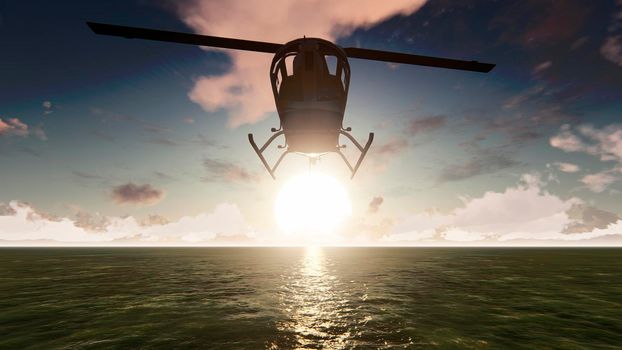 Helicopter flying over the pacific ocean on a sunny day