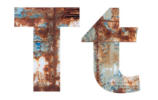 Rusty metal letter T. Old metal alphabet isolated on white background. With clipping path