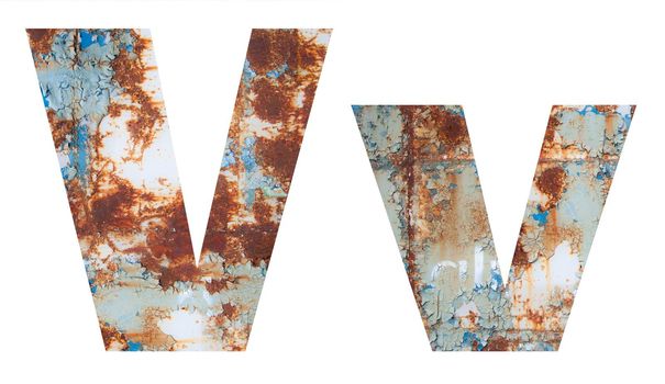 Rusty metal letter V. Old metal alphabet isolated on white background. With clipping path