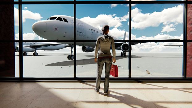 Silhouette of a tourist girl watching the plane, standing at the airport window at sunrise. Travel concept, people in the airport.