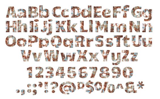 Old rusty metal alphabet set, isolated over the white background