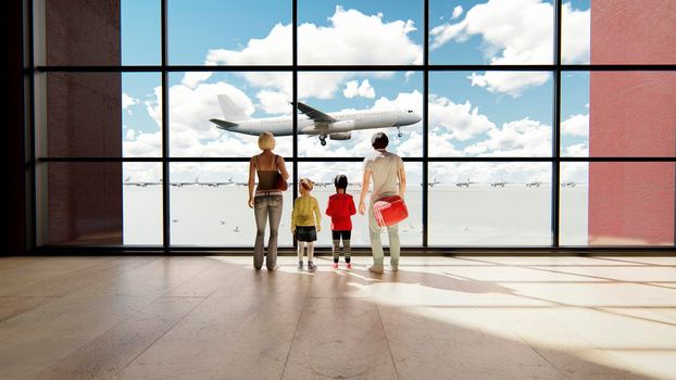 Happy family in airport near window looking on airplanes and waiting for time of flight at sunrise