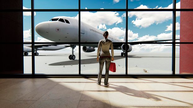 Silhouette of a tourist girl watching the plane, standing at the airport window at sunrise. Travel concept, people in the airport.