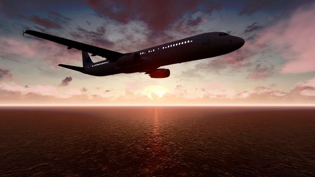 Passenger Plane flying over the Pacific ocean at sunrise