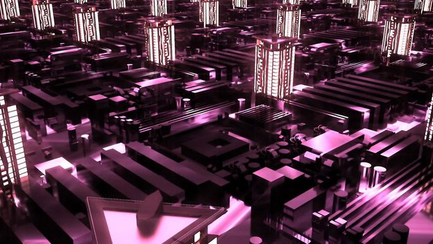 Cybernetic futuristic neon City. 3d buildings, skyscrapers in technology style.