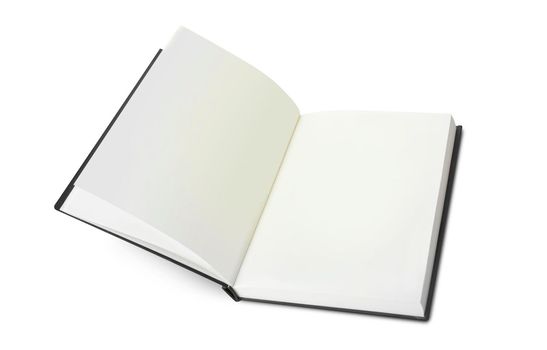 Empty Opened Notebook closeup on white background. Top view diary with clipping path