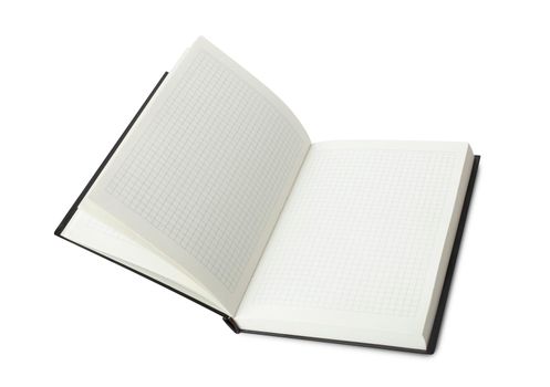 Empty Opened Notebook closeup on white background. Top view diary with clipping path