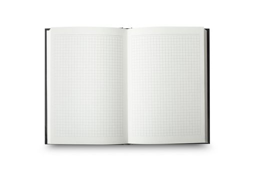 Empty Opened Notebook closeup on white background. Top view diary with clipping path