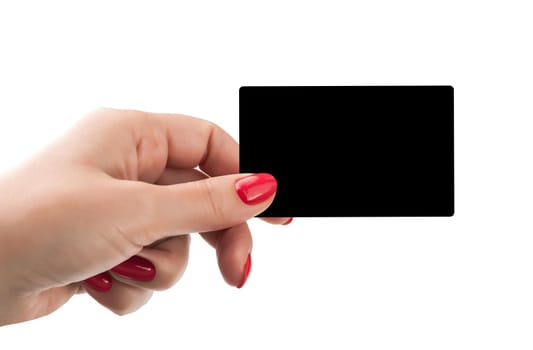 Close up of woman's hand holding blank black card. Isolated on a white background. With clipping path