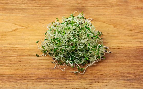 Organic young alfalfa sprouts on a wooden table background close up