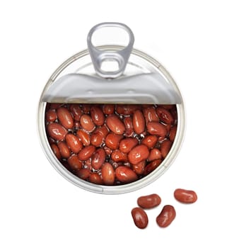 Opened tin of kidney red beans isolated on white background. Top view