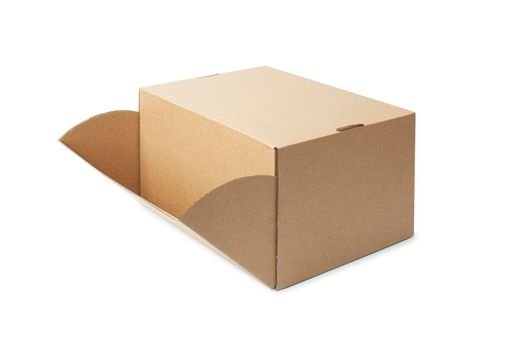 close up of an opened cardboard box on white background with clipping path