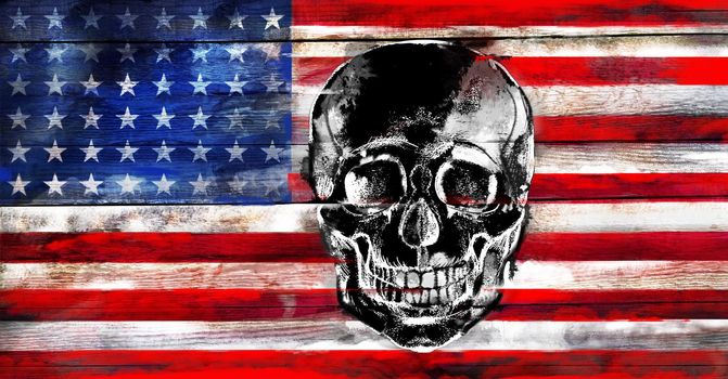American flag with a human skull on a wood surface background.