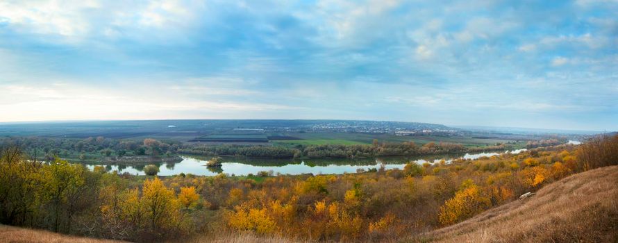 Autumn landscape. Panorama of nature in Moldova. River Dniester fields, and hills. View from the drone