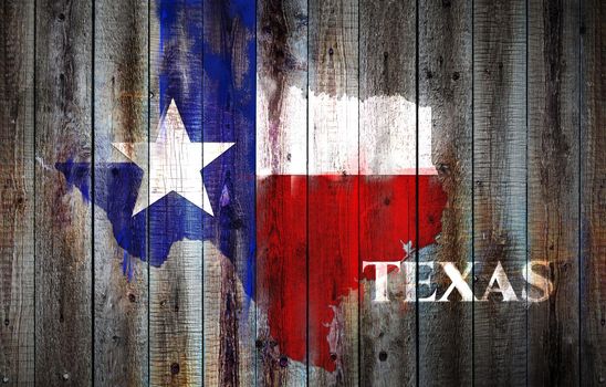 Texas flag and map on old wood plank background