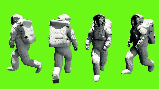 Fun astronaut walking on green screen.