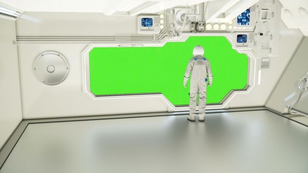 An astronaut on a spaceship watching the universe. Green screen