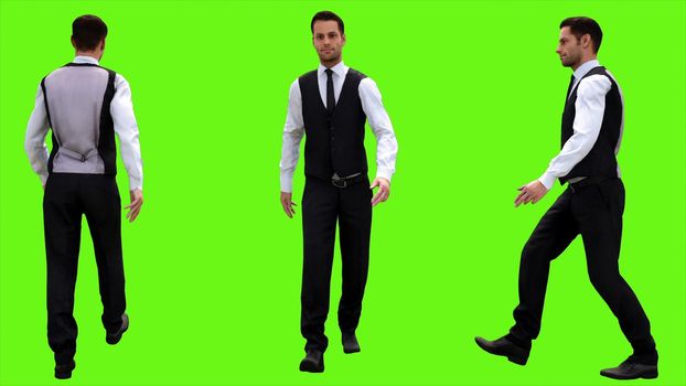 oung businessman walking on a green screen