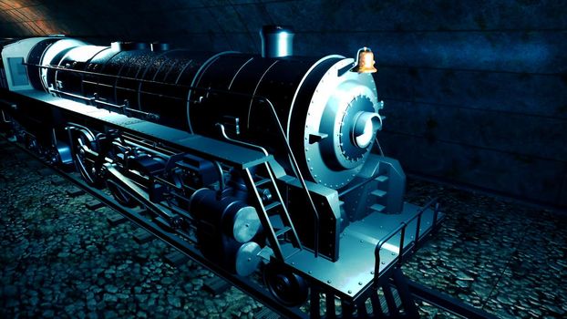 Steam old train in subway tunnel. 3D rendering