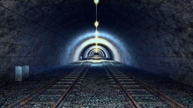 High speed ride through a train tunnel. 3D rendering