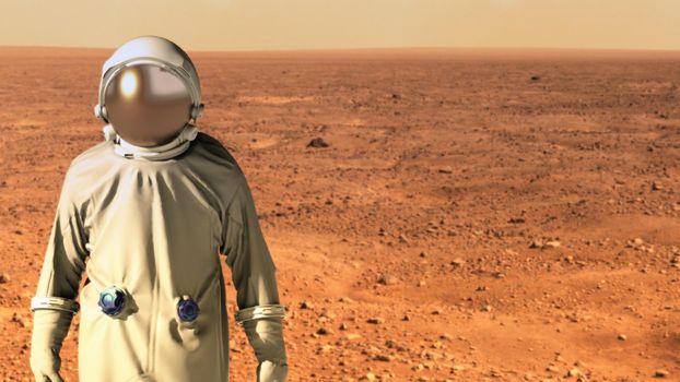 Astronaut walks on the red planet. 3D rendering