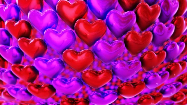 Valentine background with red and purple hearts. 3D rendering