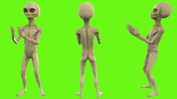 Alien clapping on green screen.