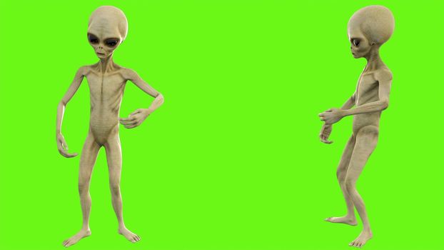 Alien talks on green screen.