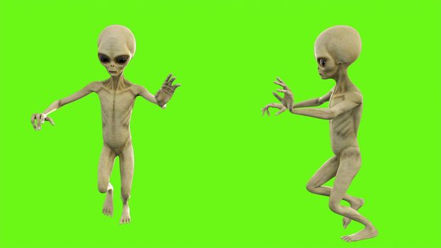 Alien runs away in fright on green screen.