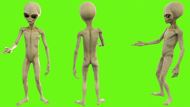 Alien talks on green screen.