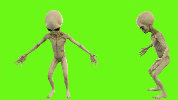 Alien talks on green screen.