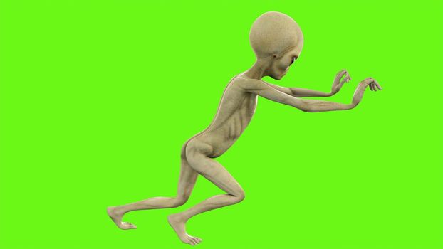 Alien pushing on green screen.