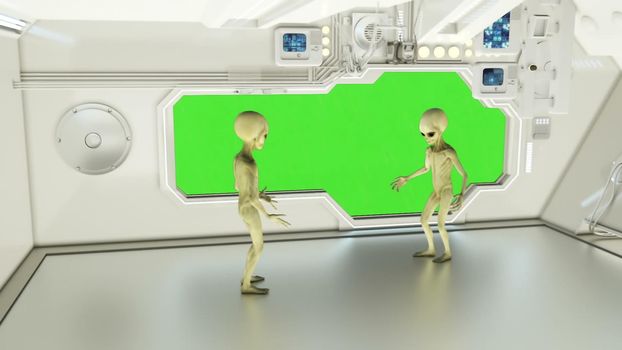 Aliens on a spaceship arguing. Green screen. A futuristic concept of a UFO.